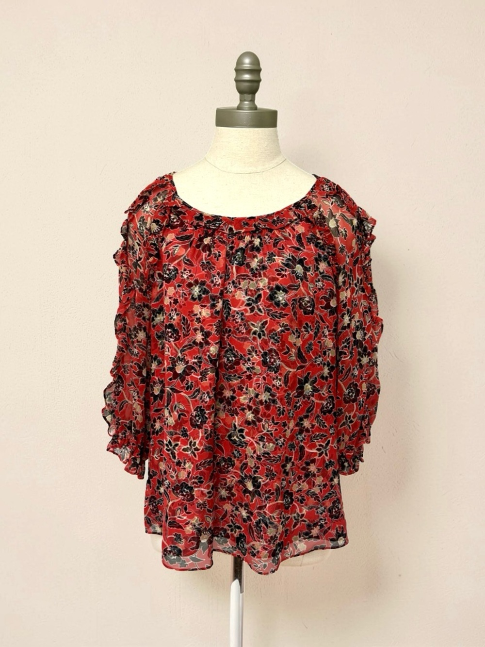100%Silk Red Floral Boho Peasant Blouse